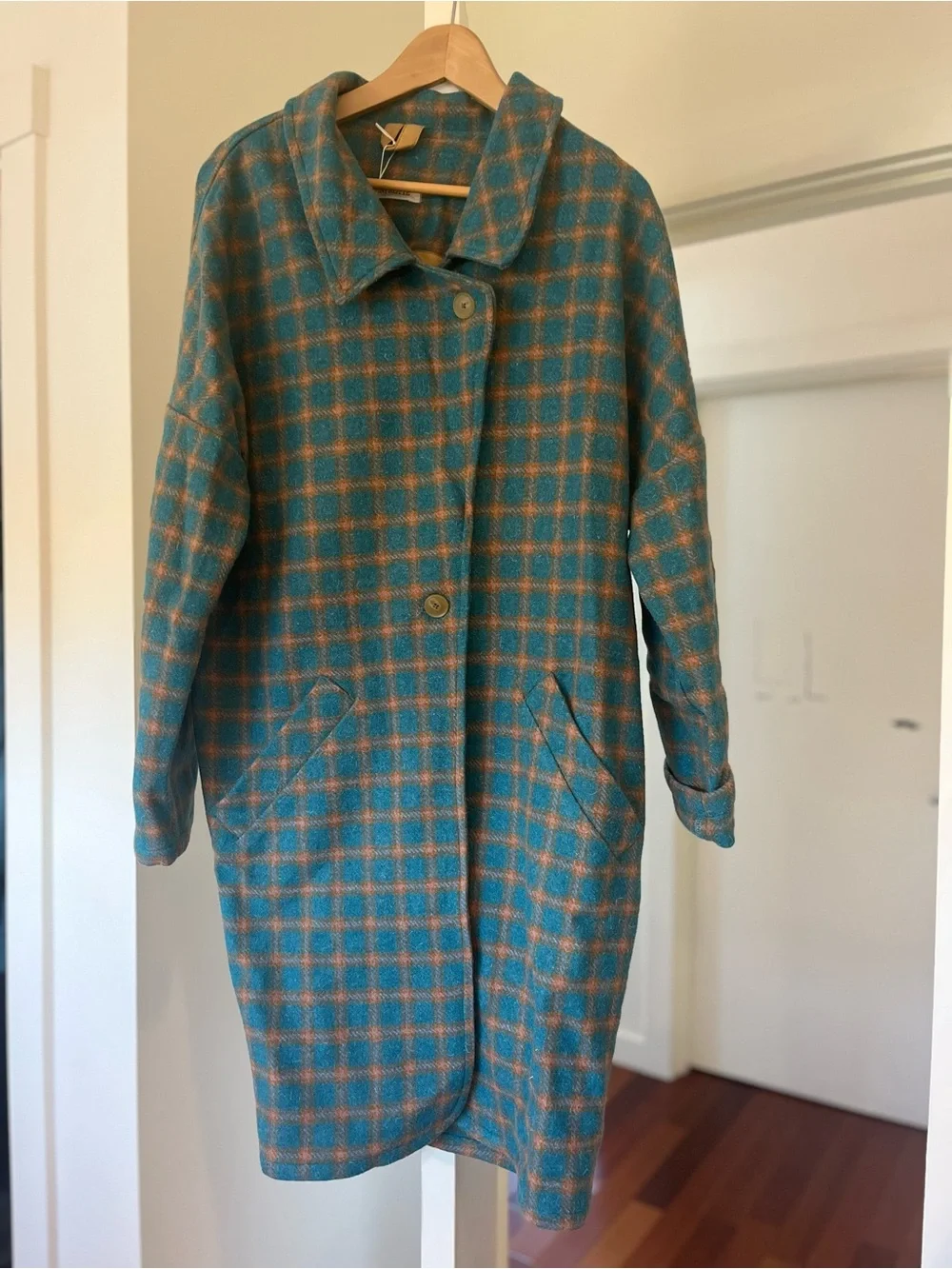 Entropie Teal and Tan Plaid Wool-Blend Trench Coat - Picture 1 of 5